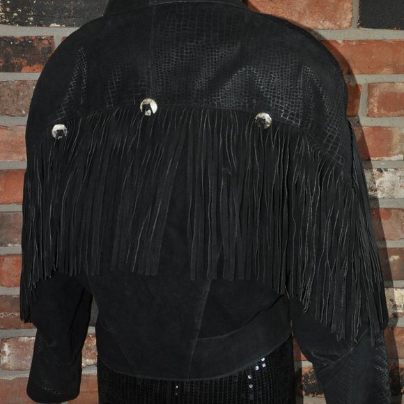 Vintage 80s Black Western Suede Leather With Fringe Jacket M - Picture 5 of 11